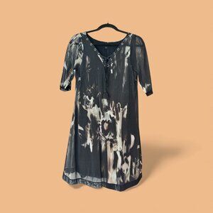 Elana Kattan 3/4 Sleeve A-Line Trapeze Dress Mesh V Neck Dress. Size Large